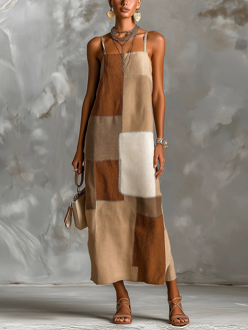 ZARA Retro Earth Tone Color Block Textured Cami Midi Dress